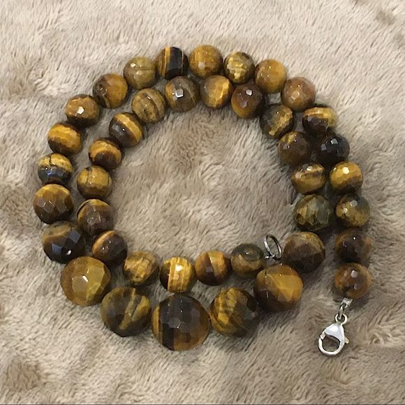 VINTAGE Sterling Silver Faceted Tigers Eye Necklace - Picture 10 of 11